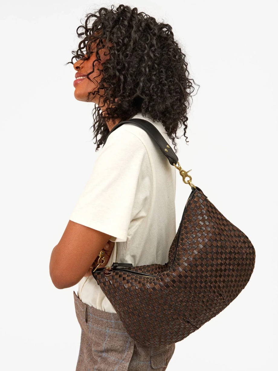Clare V Black/Chocolate Moyen Woven Leather Messenger Bag With Black Straps